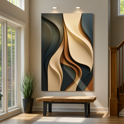 Vertical modern abstract minimalist canvas wall art in a narrow entryway