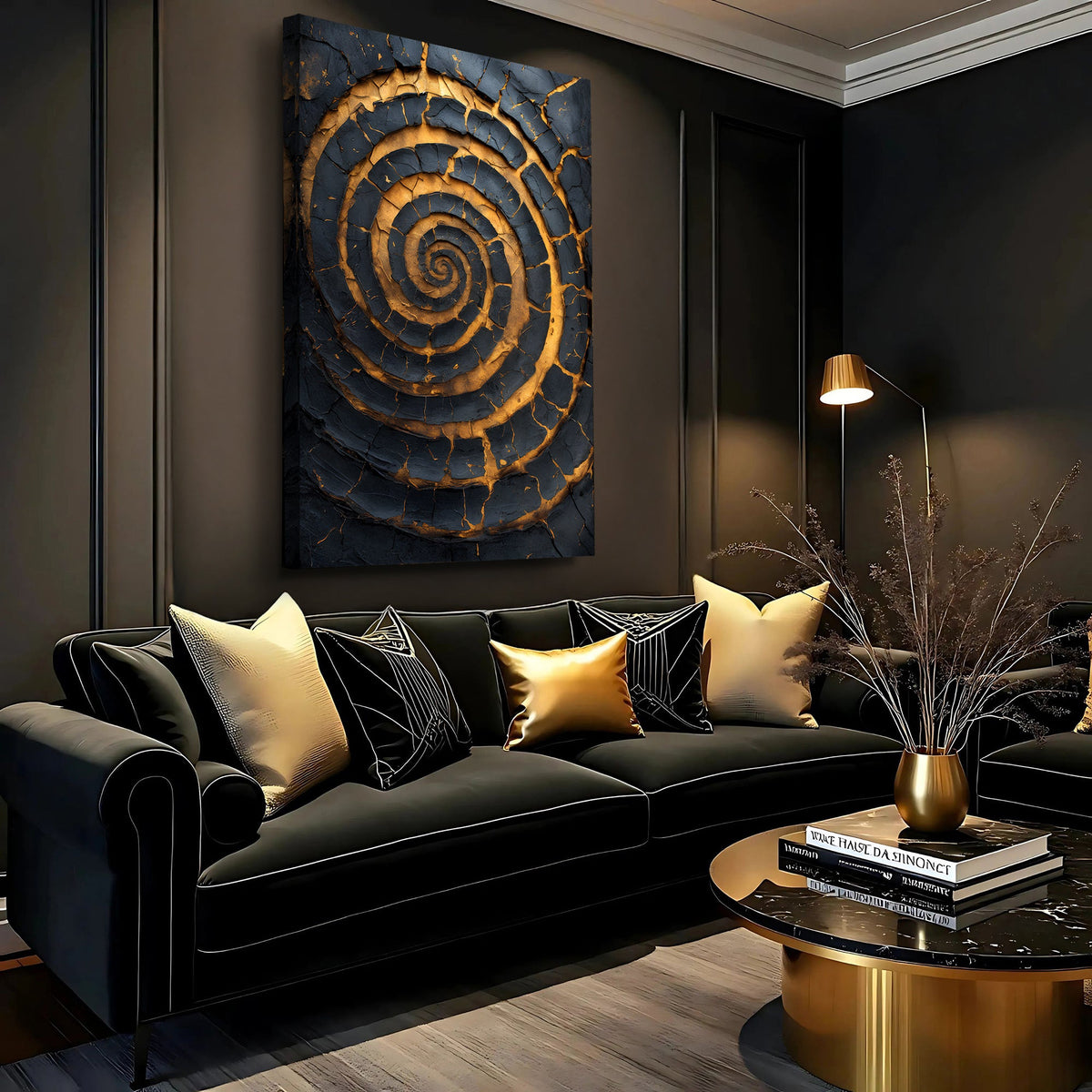 Black and Gold Spiral Abstract Canvas Wall Art, Gallery Wrapped – view 4