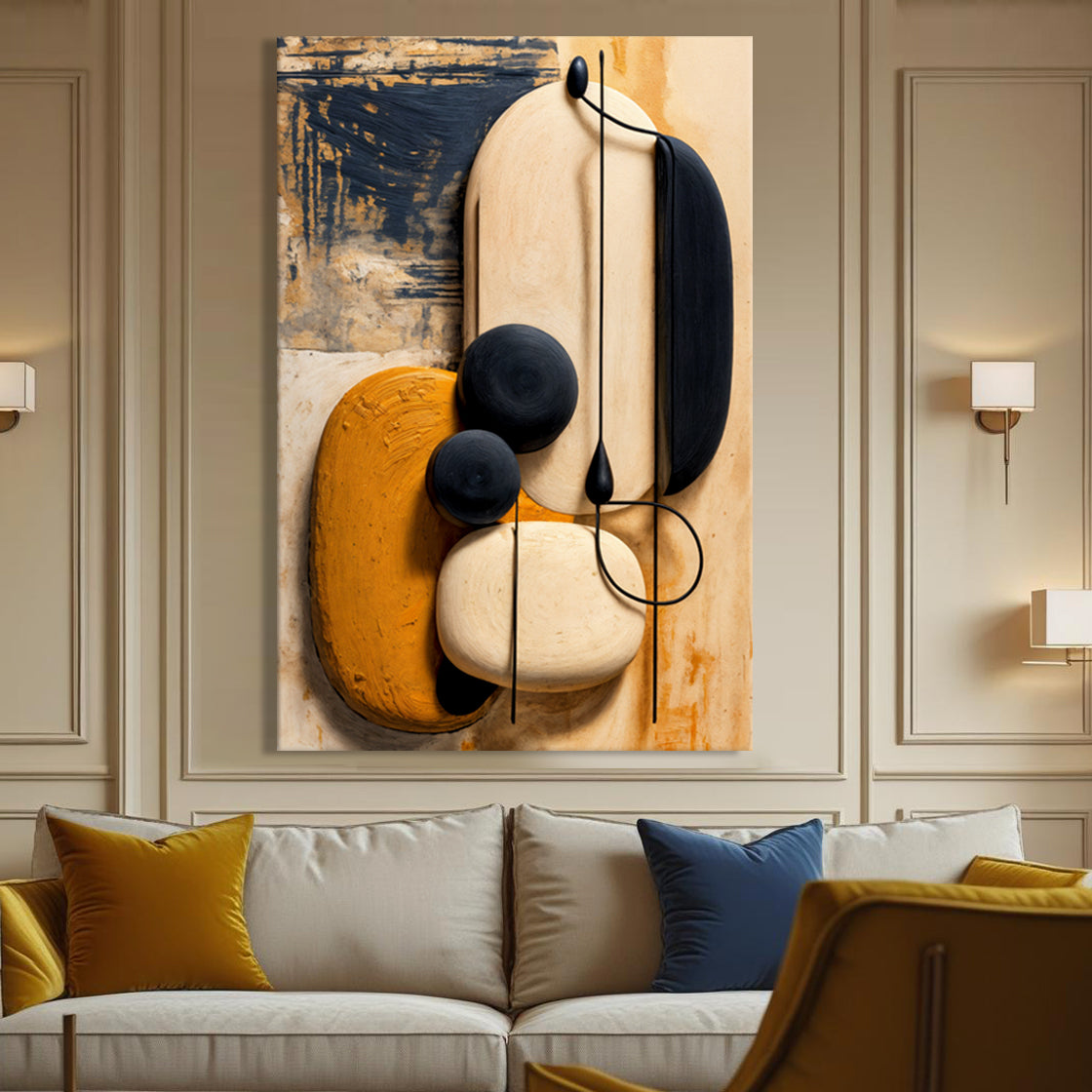 Orange abstract canvas wall art print with gallery-wrapped edges displayed in a modern living room