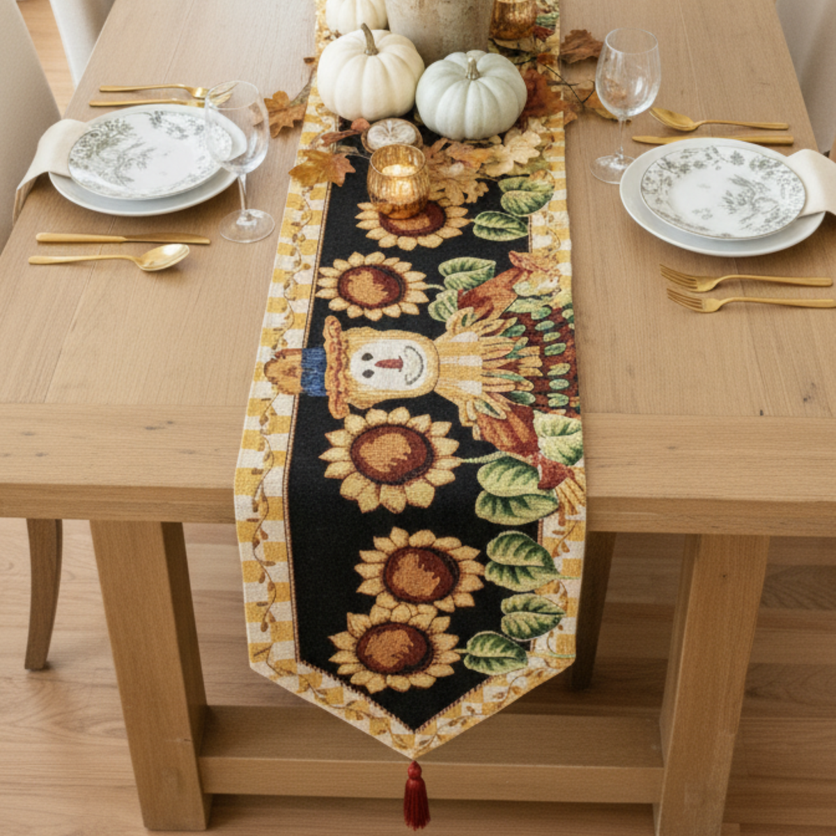 Sunflower Field Scarecrow Autumn Harvest Woven Tapestry Table Runner – view 6
