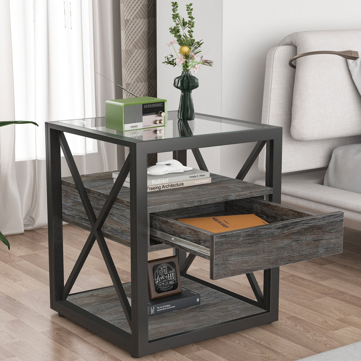 Industrial End Tables with Drawer and Glass Top, Set of 2 Nightstands – view 10