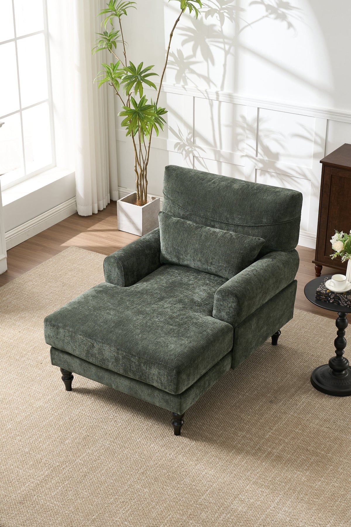 Modern Green Upholstered Chaise Lounge Recliner Chair with Solid Wood Frame – view 6