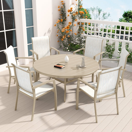 Sandstone 7-piece metal patio dining set with round table and six Textilene chairs on a deck