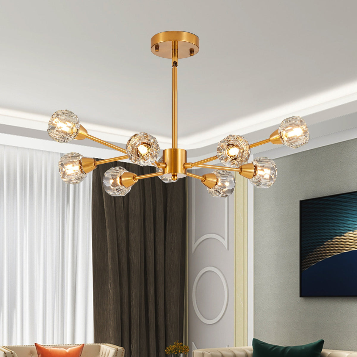 28" Modern Low-Profile Crystal Chandelier with 9 Lights, Gold – view 2
