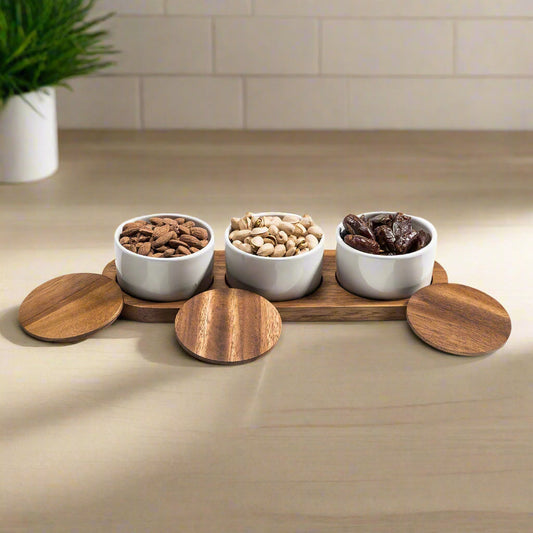 Acacia Wood & Ceramic Condiment Set