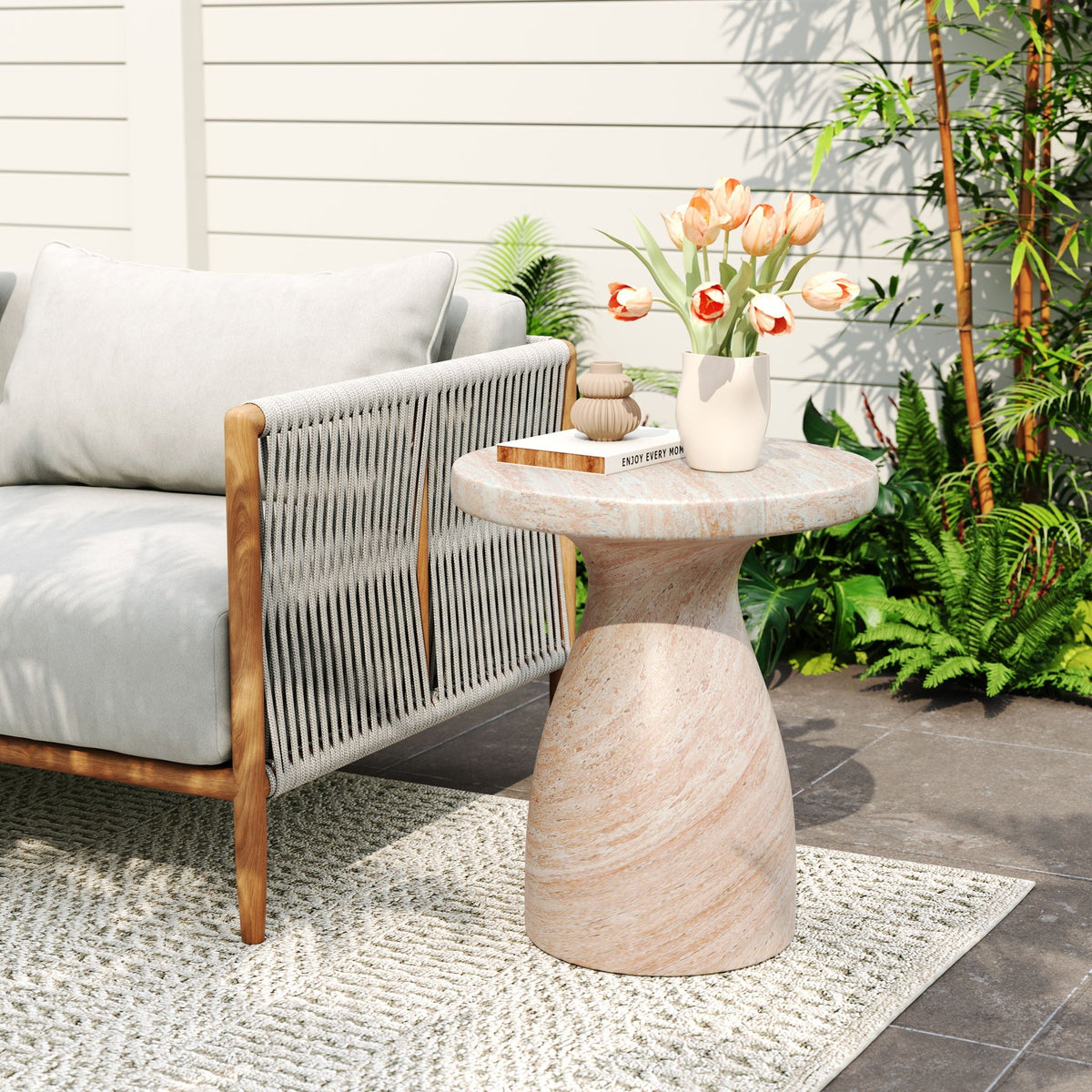 Lightweight Travertine-Look Outdoor Side Table in Black or Beige – view 2