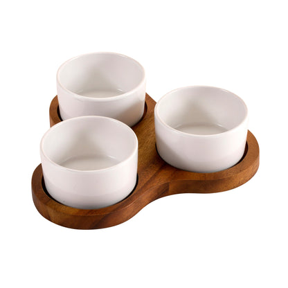 Triangular Acacia Wood Serving Set with 3 Ceramic Dishes, Black or White – view 2