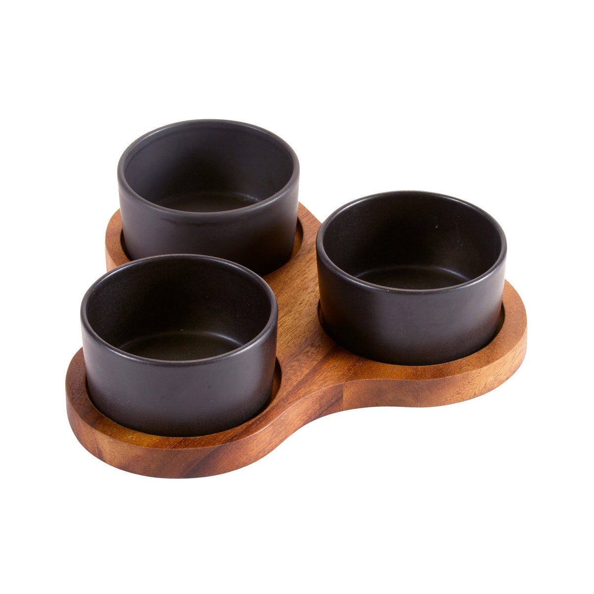 Triangular Acacia Wood Serving Set with 3 Ceramic Dishes, Black or White – view 3