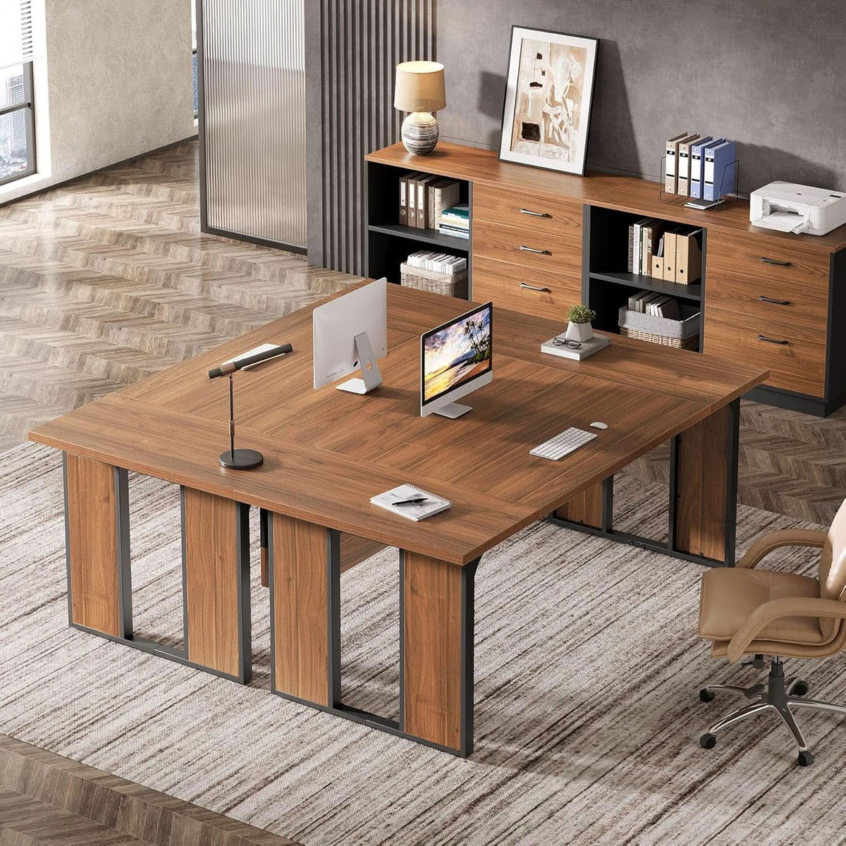 63 Inch L-Shaped Executive Desk with File Cabinet and Storage Shelves – view 4