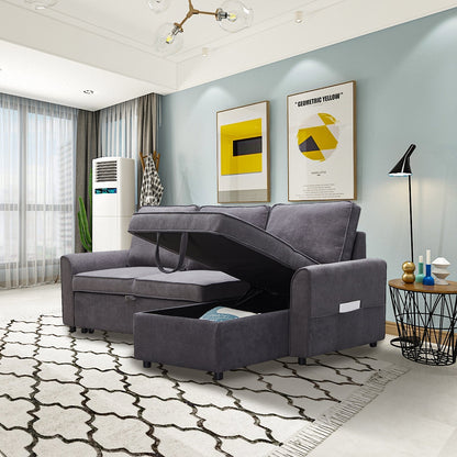 Modular L-Shaped Sofa Bed with Storage Chaise in Dark Grey Linen – view 8
