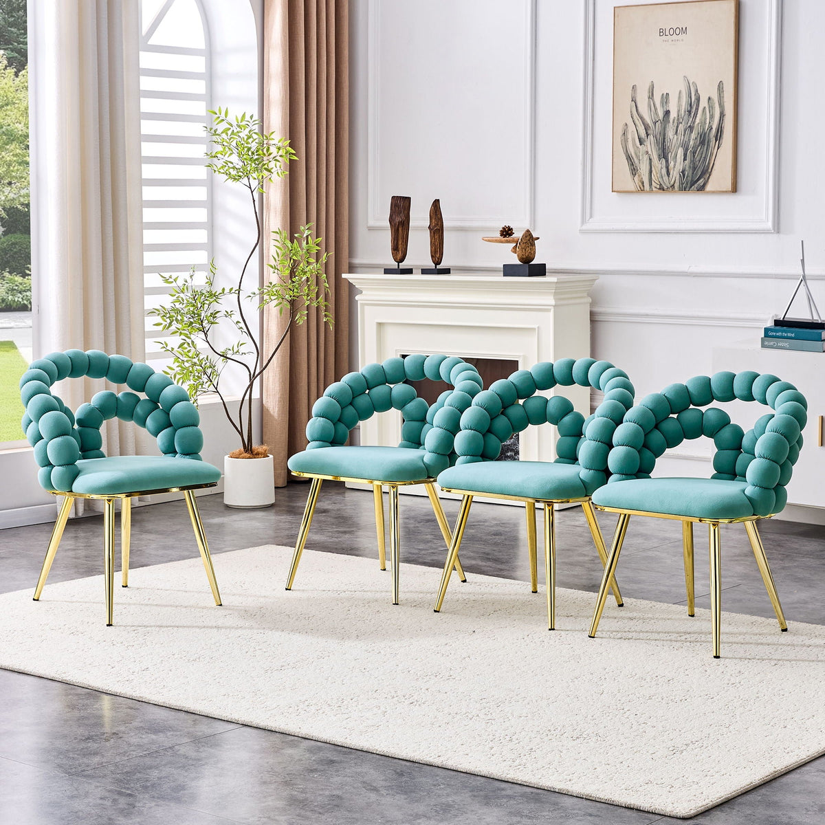 Puffy Bubble Ball Chain Upholstered Dining Chairs, Light Blue or Yellow – view 4