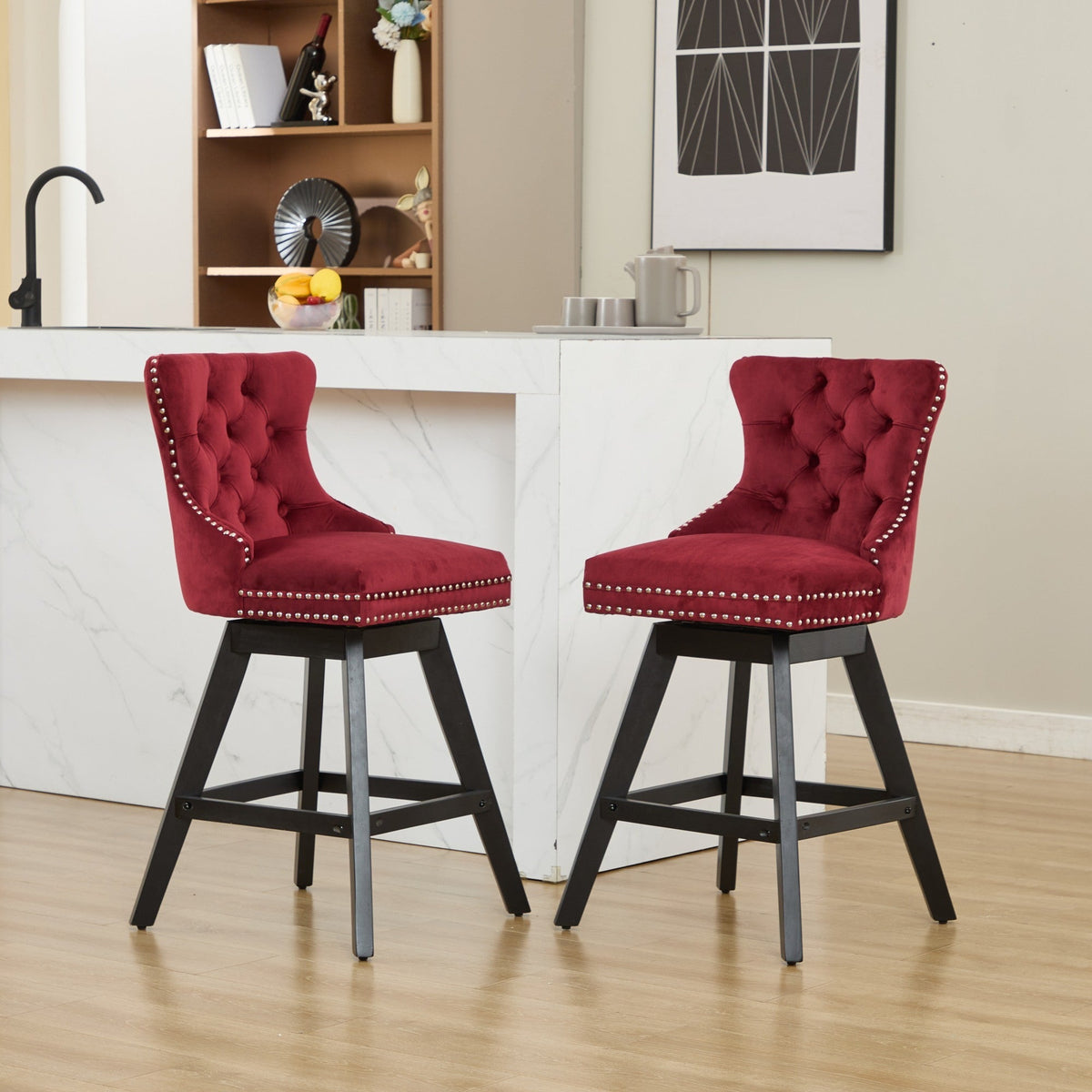 Wine Red Velvet Swivel Bar Stools with Button Tufting, Set of 2 – view 16