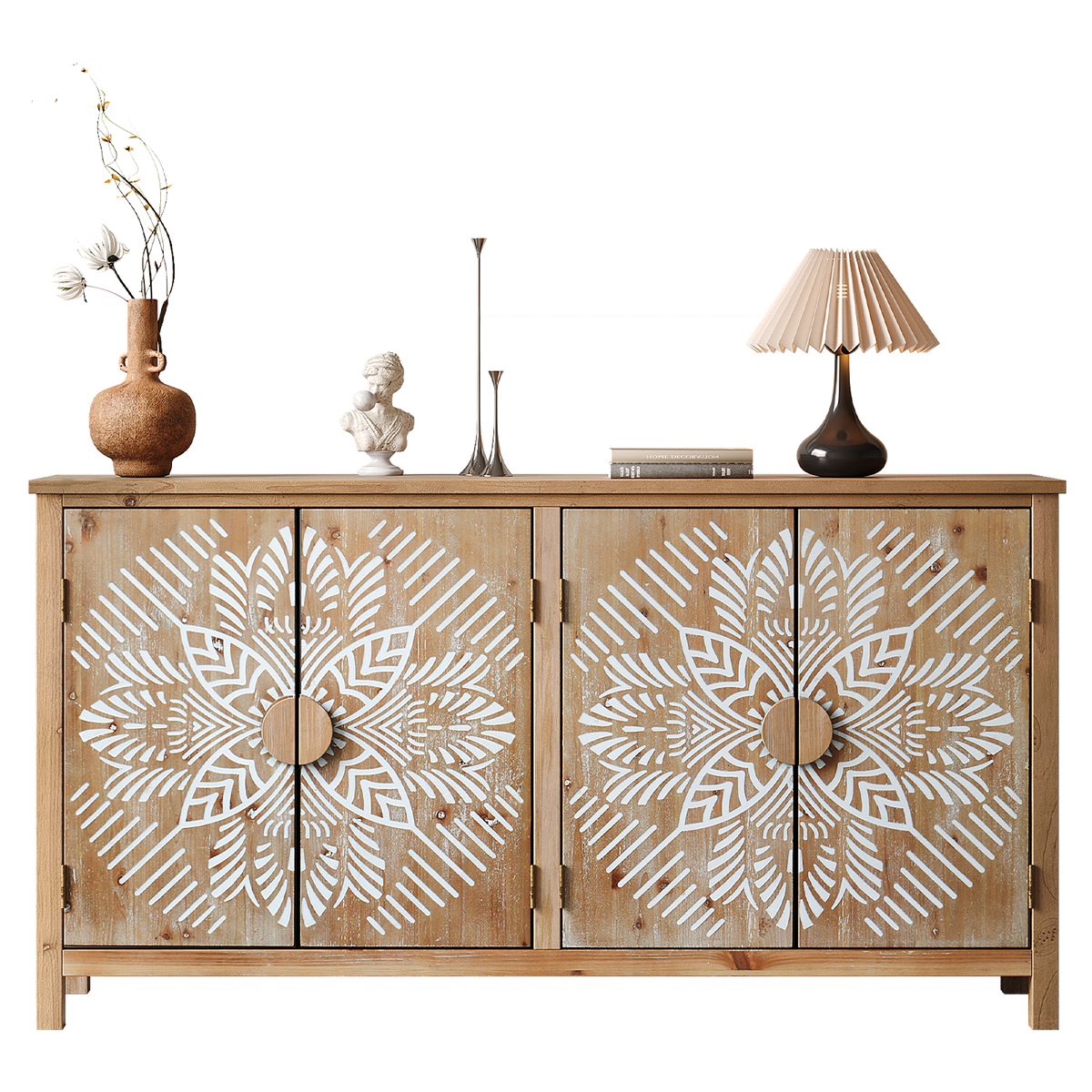 Antique brown and white 60 inch accent cabinet with carved doors in a vintage-style dining room