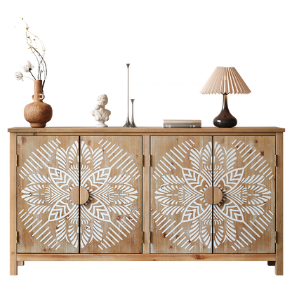 Antique brown and white 60 inch accent cabinet with carved doors in a vintage-style dining room