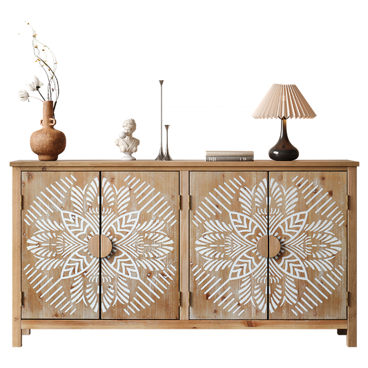 Antique brown and white 60 inch accent cabinet with carved doors in a vintage-style dining room