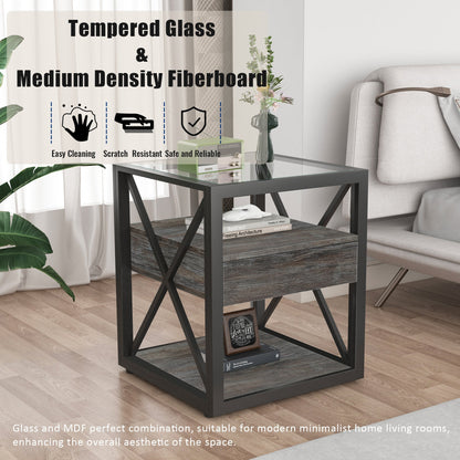 Industrial End Tables with Drawer and Glass Top, Set of 2 Nightstands – view 4