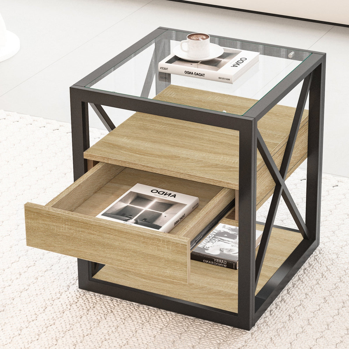 Modern 3-Tier End Table with Drawer and Tempered Glass Top – view 8
