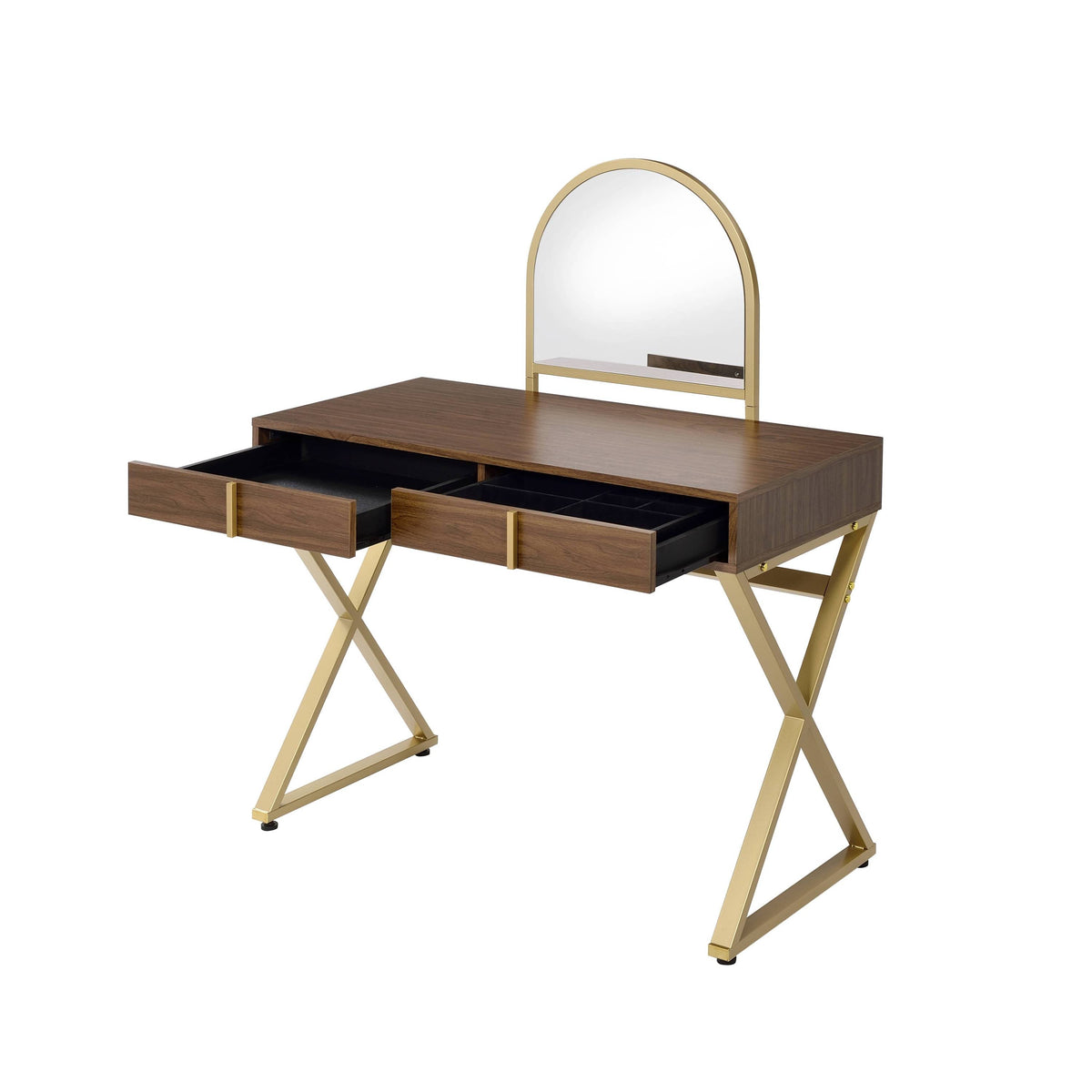 Coleen Walnut and Gold Vanity Desk with Mirror and Jewelry Tray – view 7