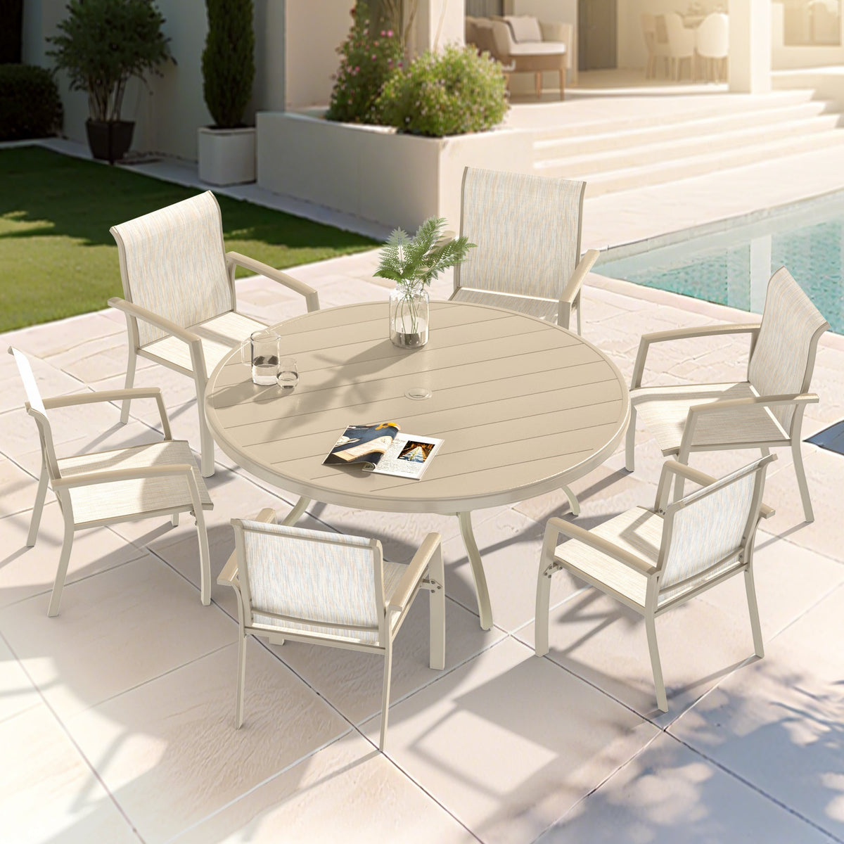 Sandstone 7-Piece Metal Patio Dining Set with Waterproof Seats – view 10