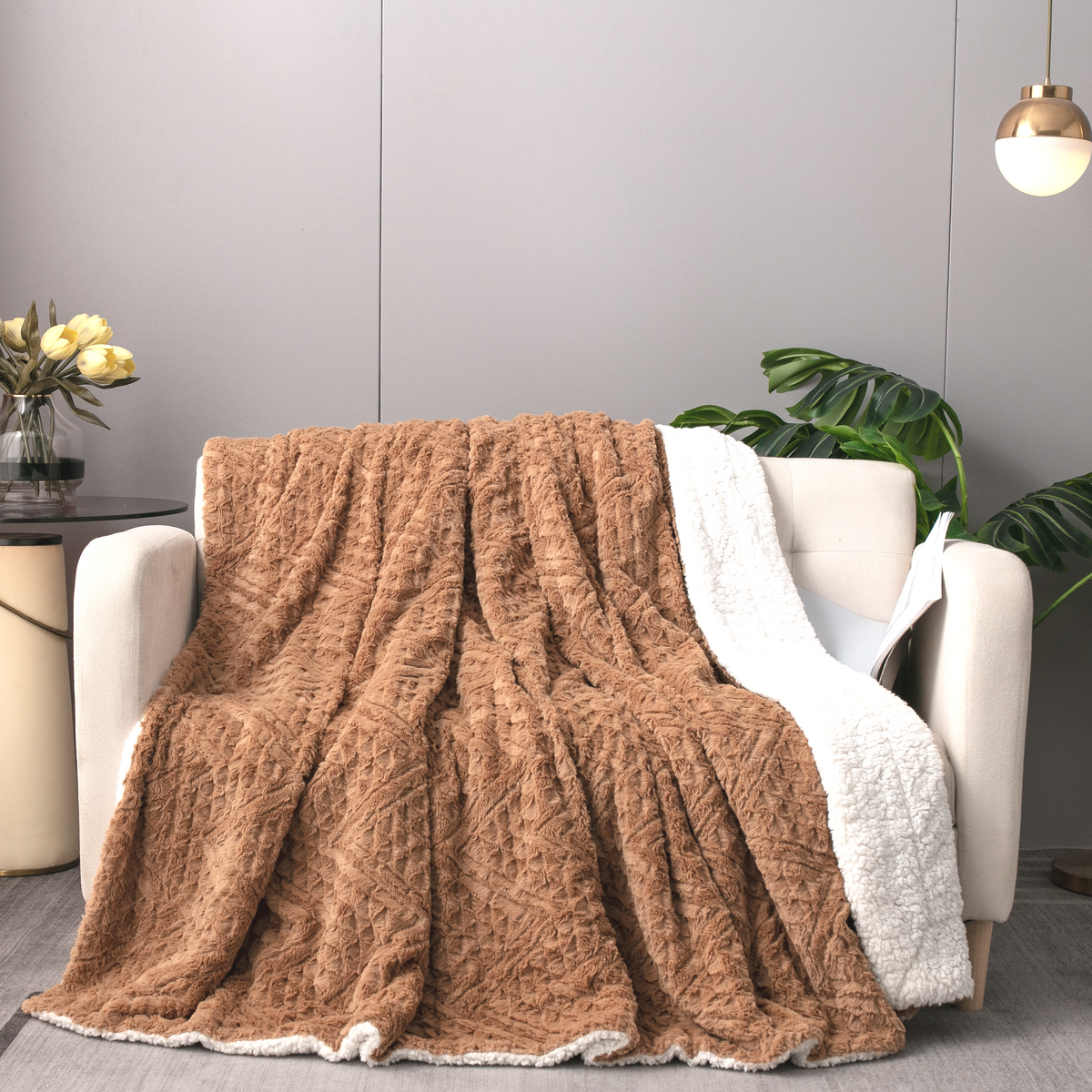 Caramel Brown Embossed Chevron Faux Fur and Sherpa Throw Blanket – view 11