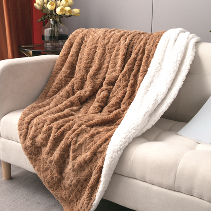 Caramel Brown Embossed Chevron Faux Fur and Sherpa Throw Blanket – view 10