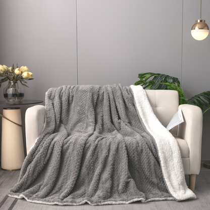 Dark Grey Bubble Textured Faux Fur and Sherpa Throw Blanket – view 9