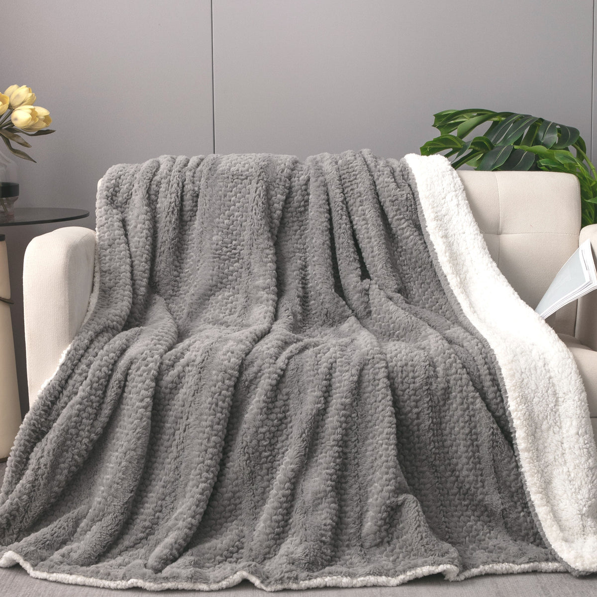 Dark Gray Faux Fur Throw Blanket with Bubble Texture & Stripes