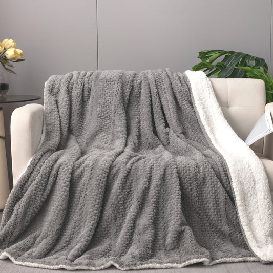 Dark Gray Faux Fur Throw Blanket with Bubble Texture & Stripes