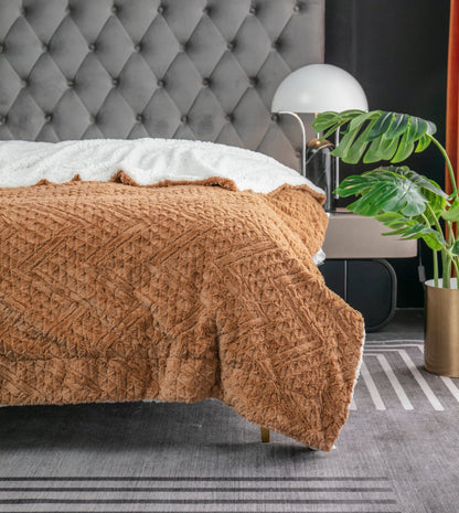 Caramel Brown Embossed Chevron Faux Fur and Sherpa Throw Blanket – view 12