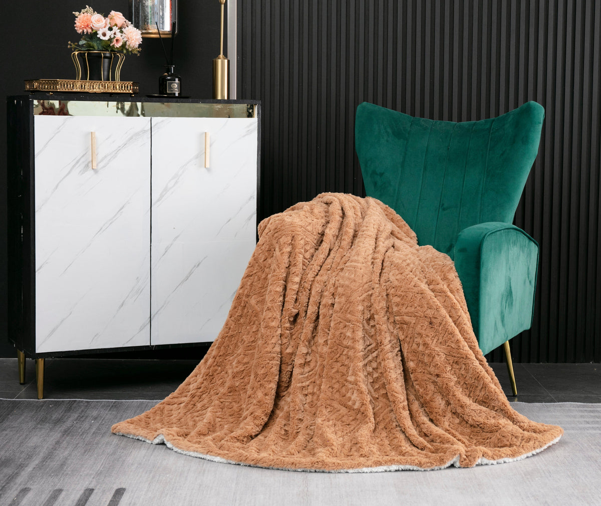 Caramel Brown Embossed Chevron Faux Fur and Sherpa Throw Blanket – view 13