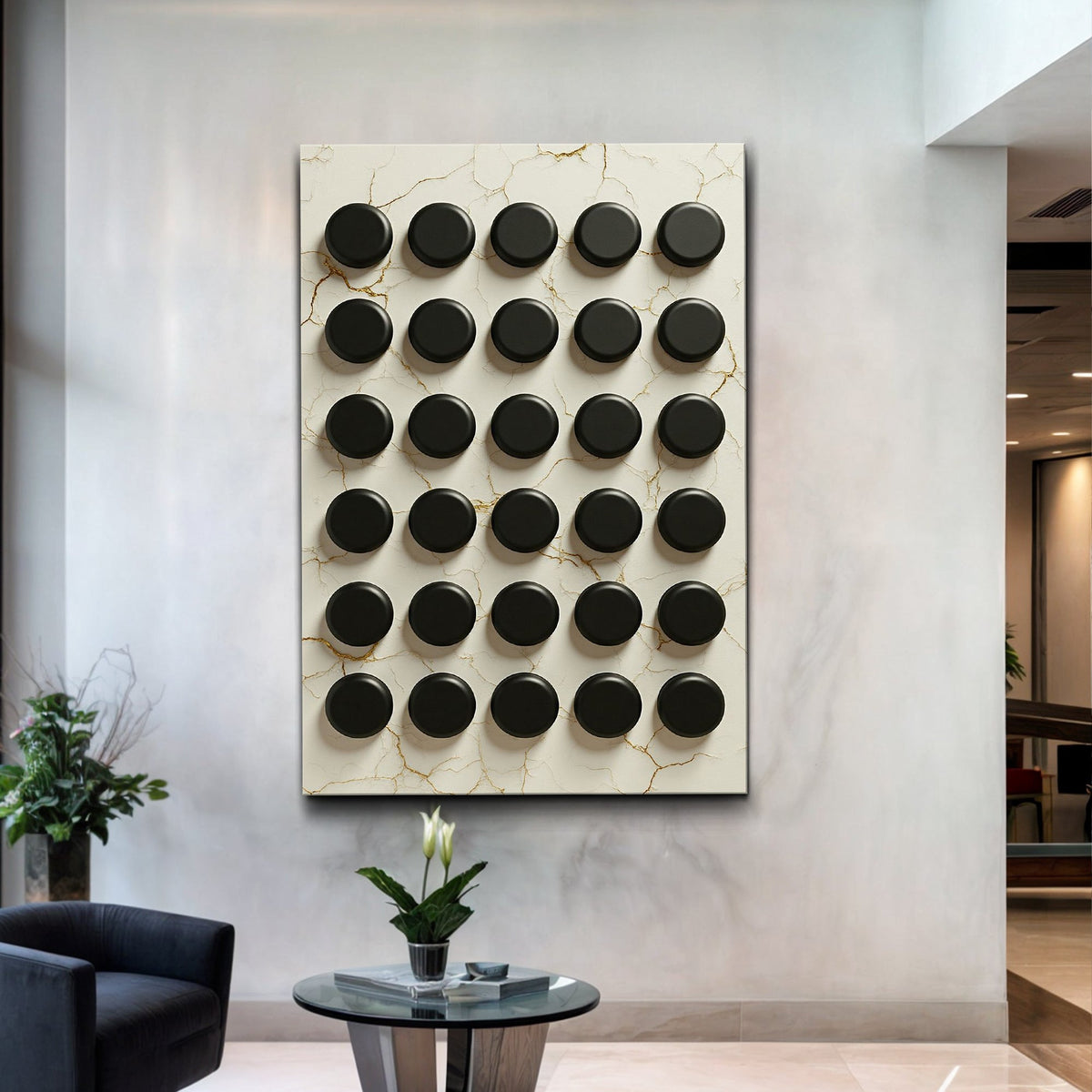 Abstract minimalist canvas wall art XI above a slim console table in a neutral hallway