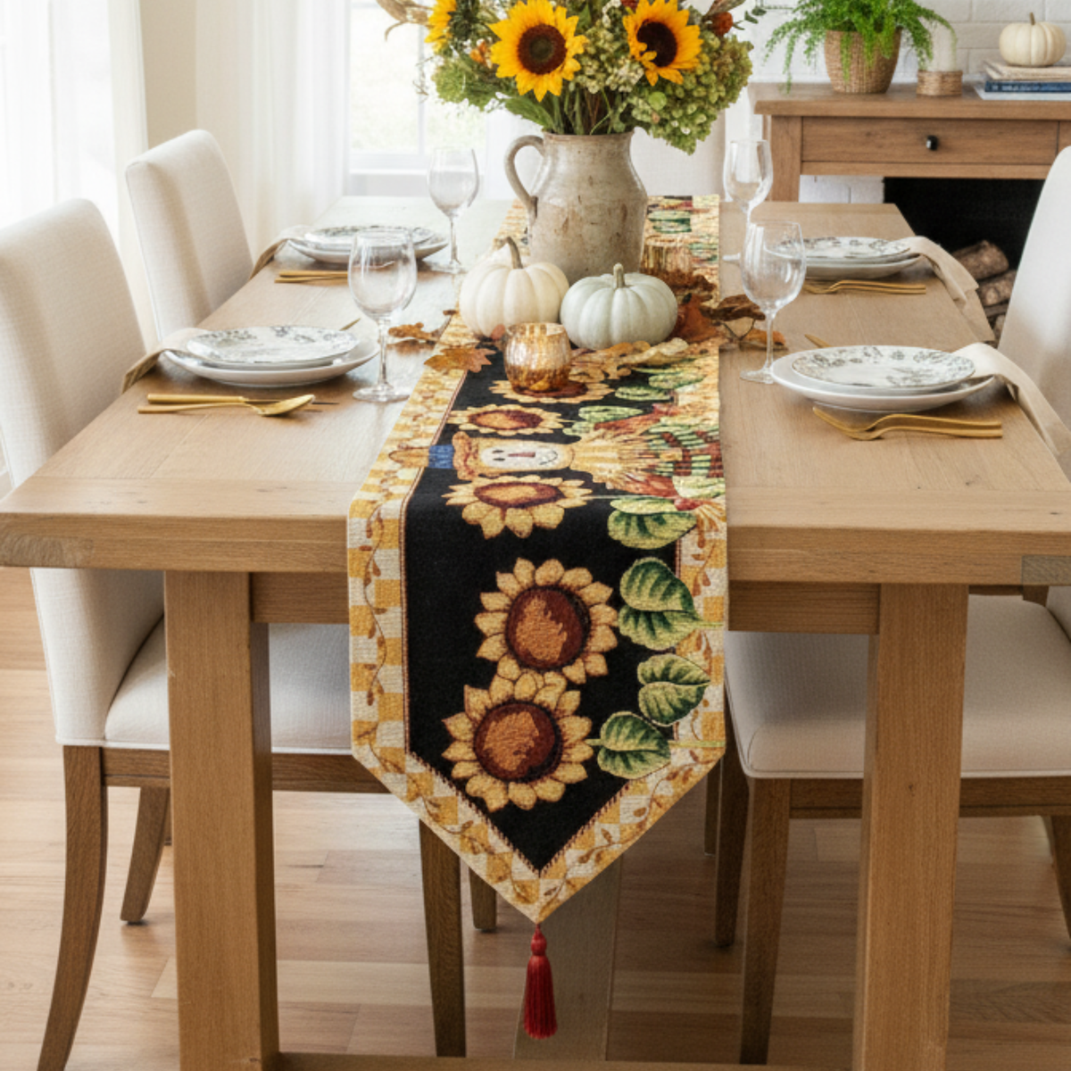 Sunflower Field Scarecrow Autumn Harvest Woven Tapestry Table Runner – view 8