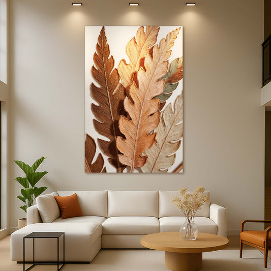 Abstract autumn leaves canvas wall art hanging above a wooden console in a warm living room