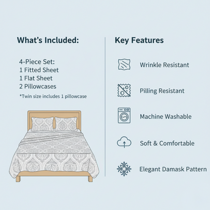 Dreamy Moon Sky Ogee Damask Gray and White Bed Sheet Set – view 2