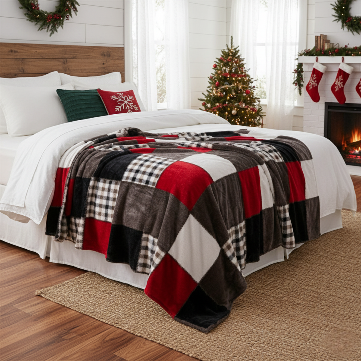 Sunset Maple Farmhouse Plaid Patchwork Fleece Throw Blanket – view 7