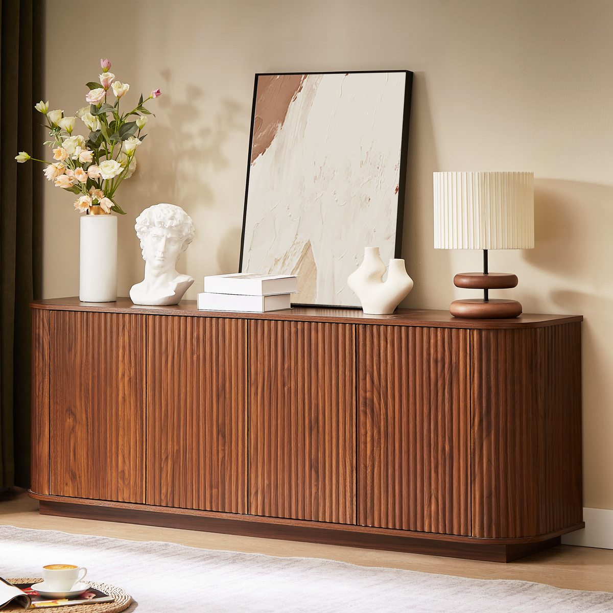 Walnut 64 inch sideboard with wave pattern doors used as a TV stand in a modern living room