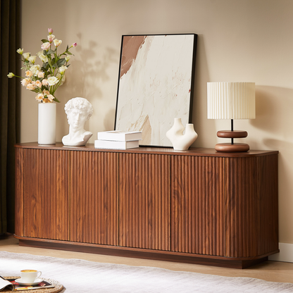 Walnut 64 inch sideboard with wave pattern doors used as a TV stand in a modern living room