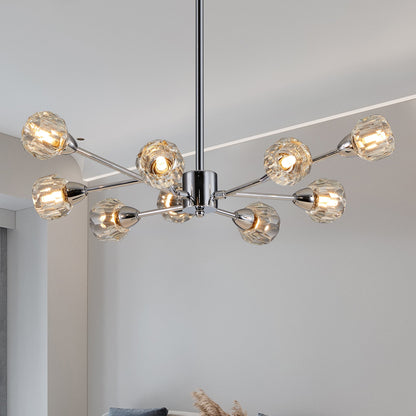 Chrome modern crystal chandelier with nine lights on a low ceiling above a dining table