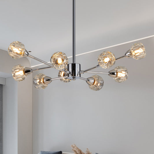 Chrome modern crystal chandelier with nine lights on a low ceiling above a dining table