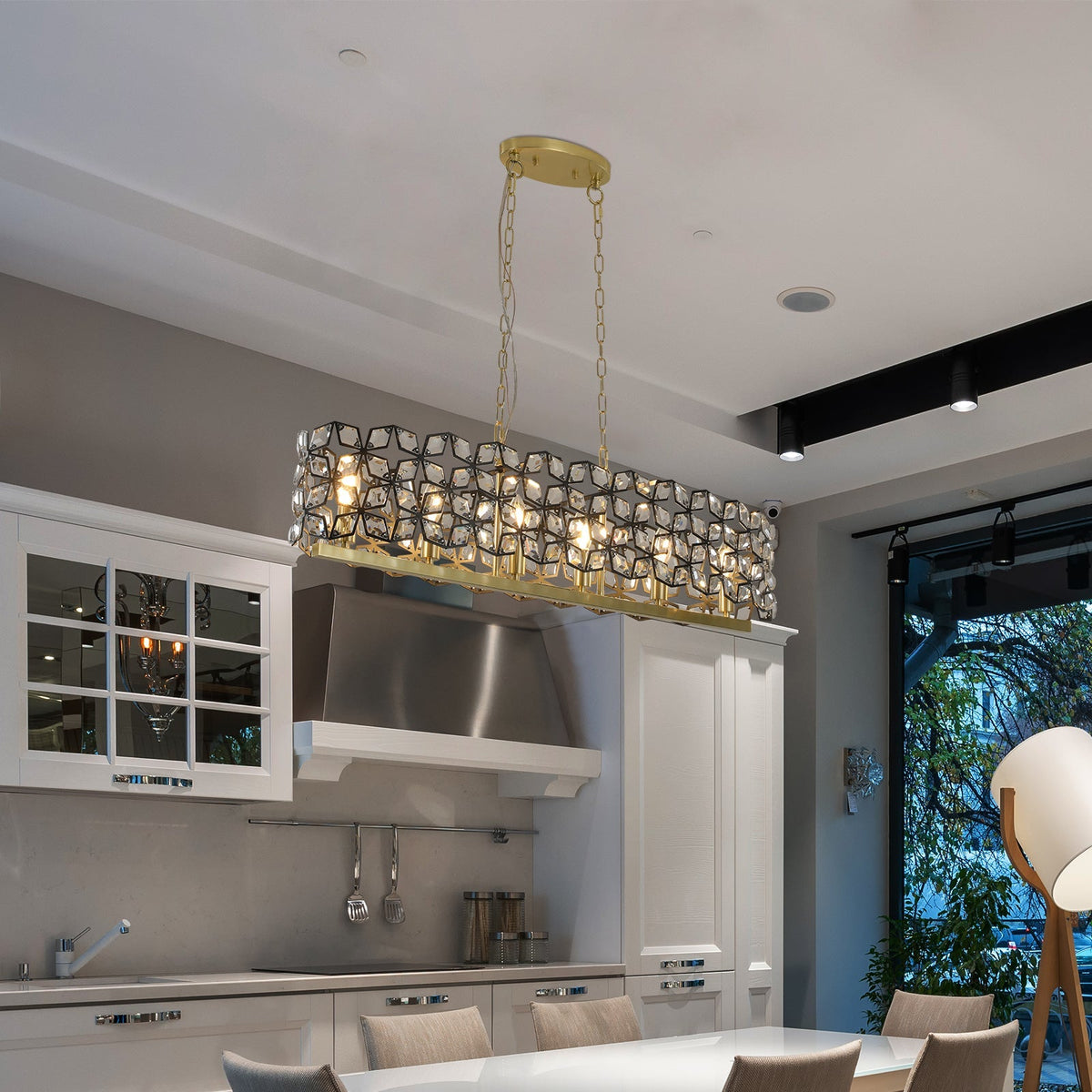 39" Contemporary K9 Crystal Linear Pendant Chandelier, Black and Gold – view 6