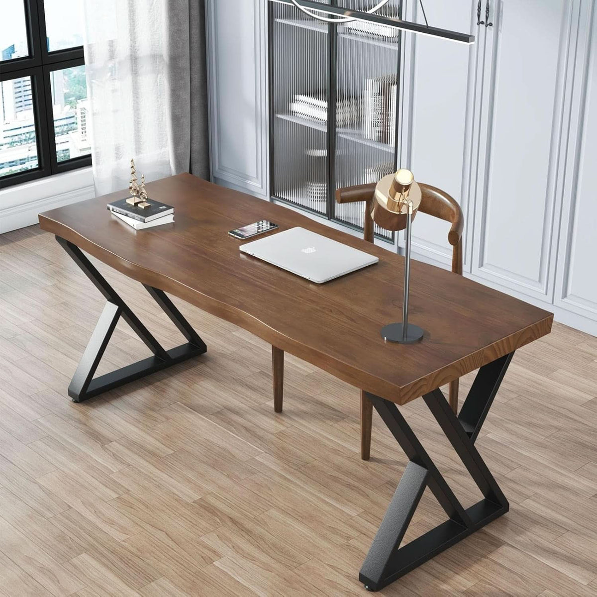 55.1-Inch Solid Wood Desk with Metal Legs, Rustic Aged Oak – view 3