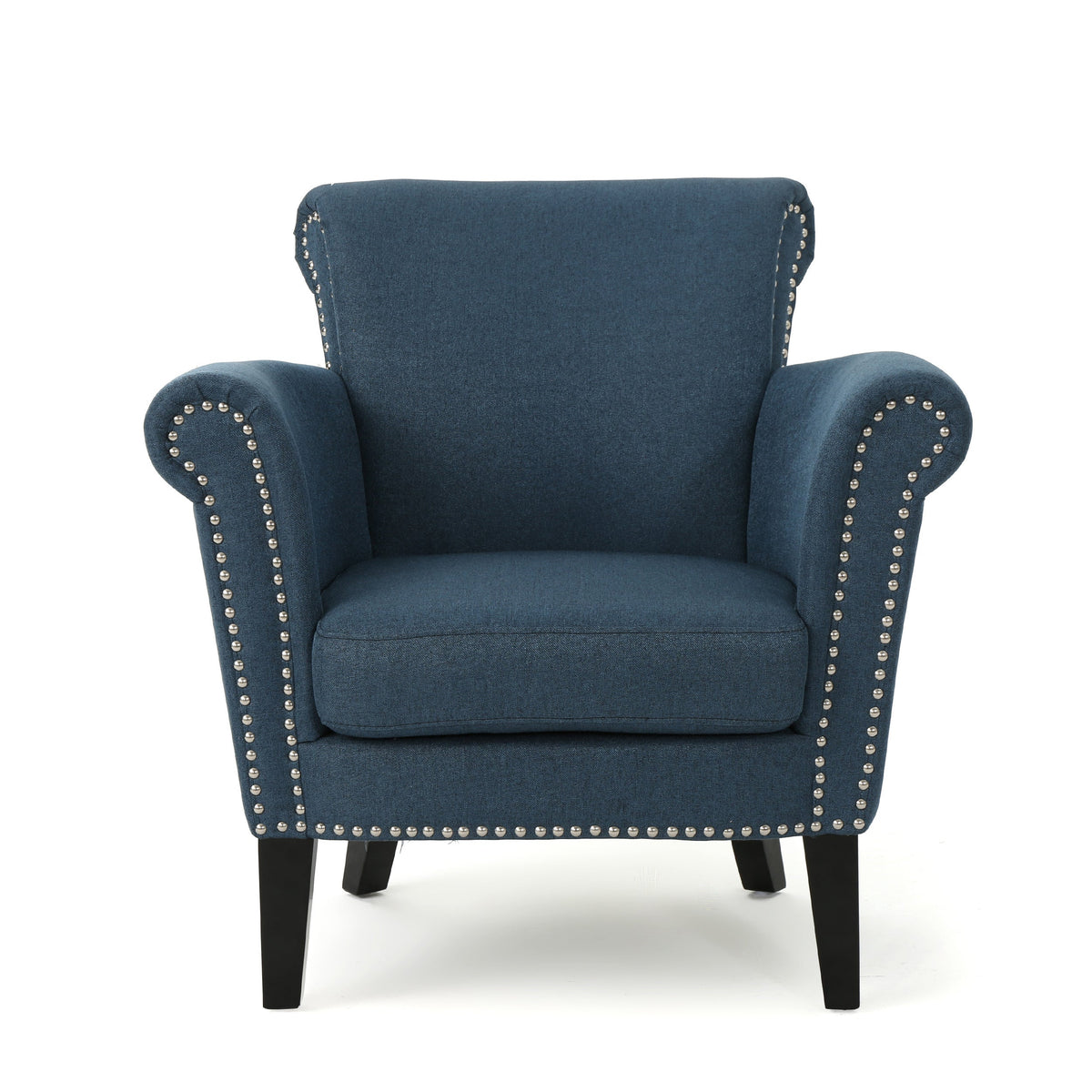 Navy Blue Fabric Club Chair with Nailhead Trim and Birch Wood Legs – view 4