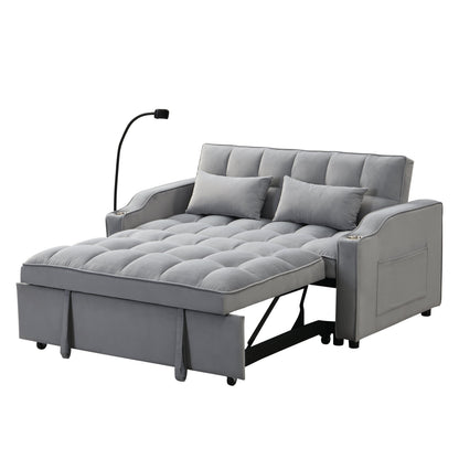 Light Gray Velvet Sleeper Loveseat with Pullout Bed and USB Ports – view 11