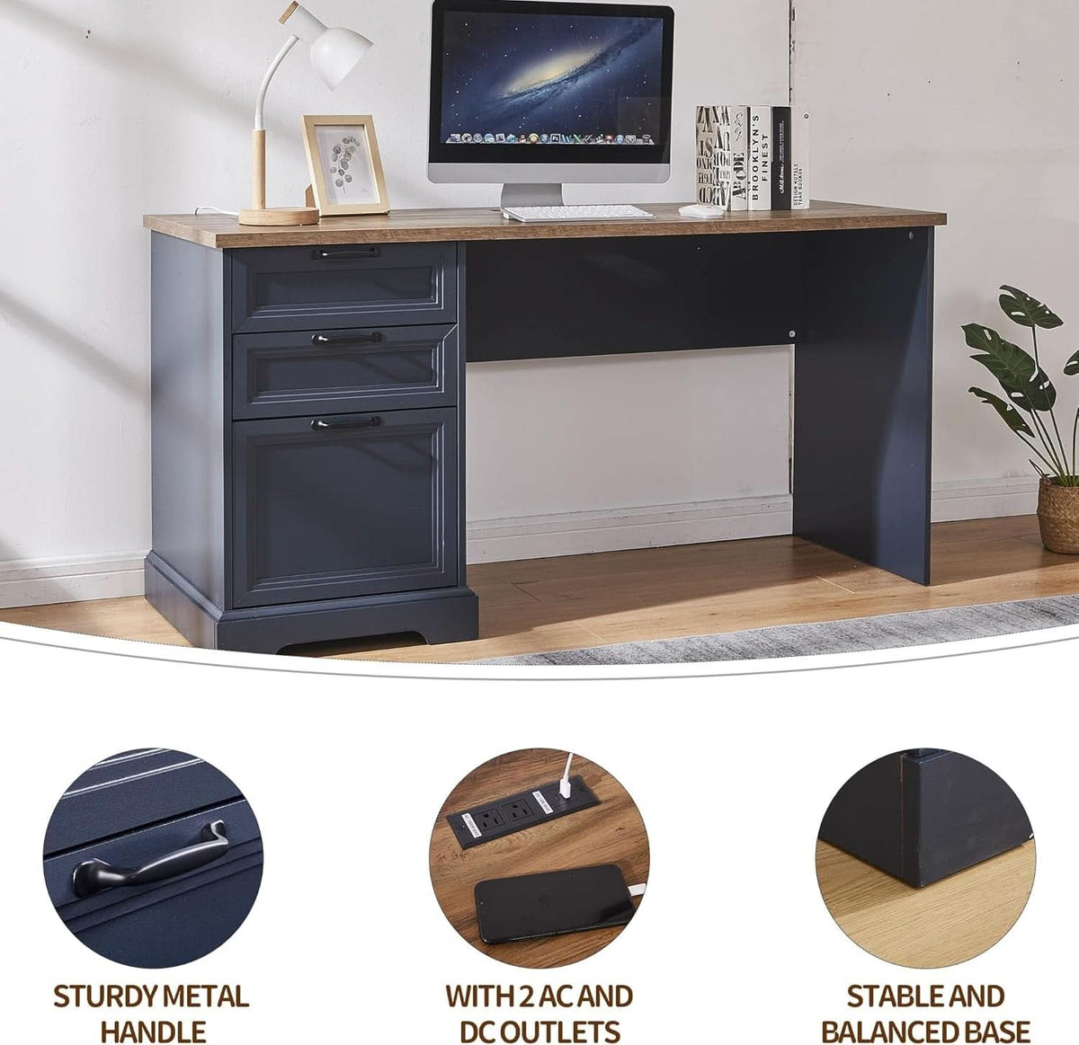 Blue Farmhouse Executive Desk with Built-In Charging Station – view 3