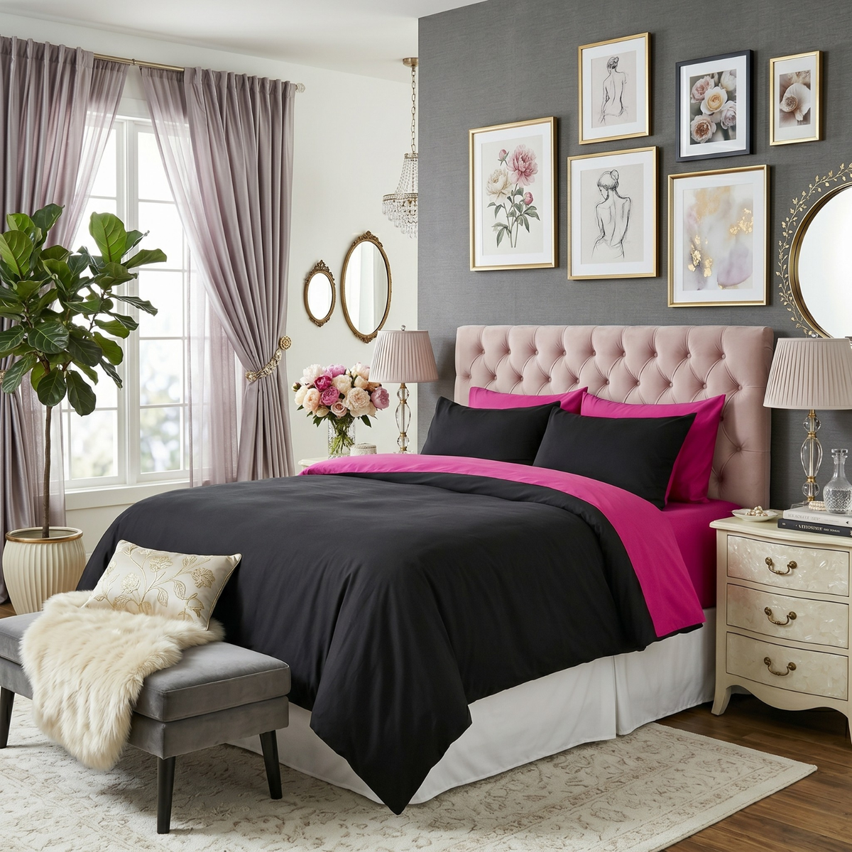Hot Pink and Black Reversible Cotton Comforter Set with Zipper Cover – view 2