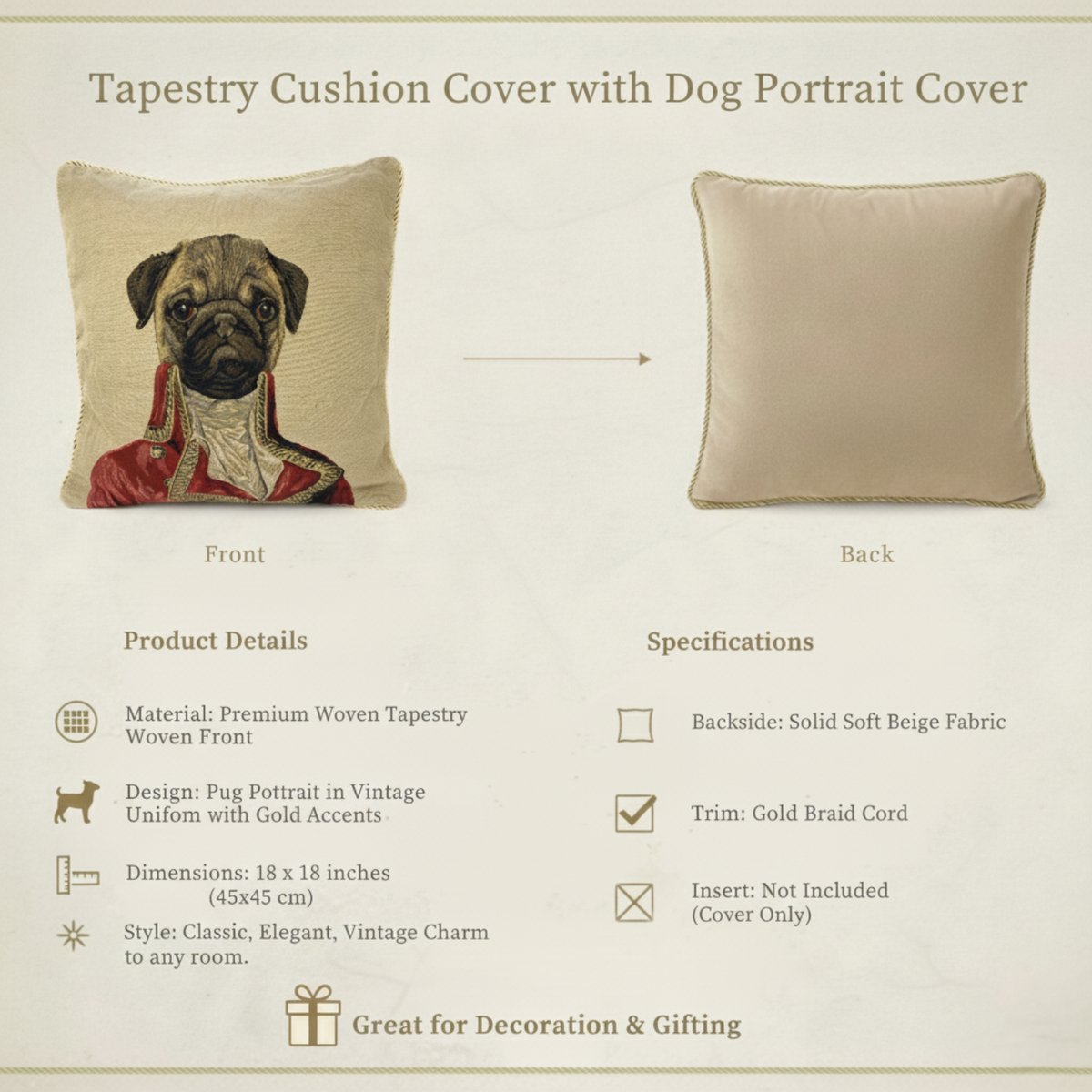 Napoleon Bonaparte Pug Vintage Tapestry Throw Pillow Cover, 18 x 18 – view 3
