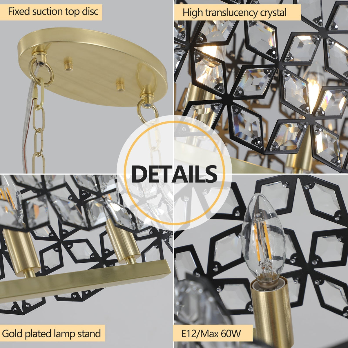 39" Contemporary K9 Crystal Linear Pendant Chandelier, Black and Gold – view 12