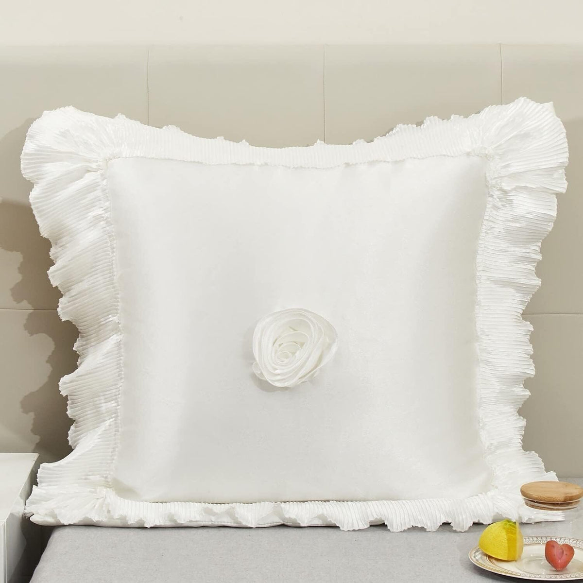 Pearl White Polyester Satin Ruffle Euro Sham