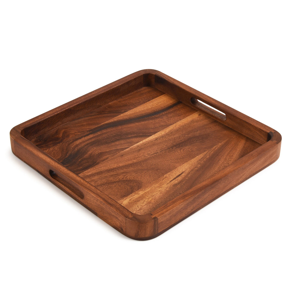 15 Inch Square Acacia Wood Serving Tray with Handles, Solid Bottom – view 2