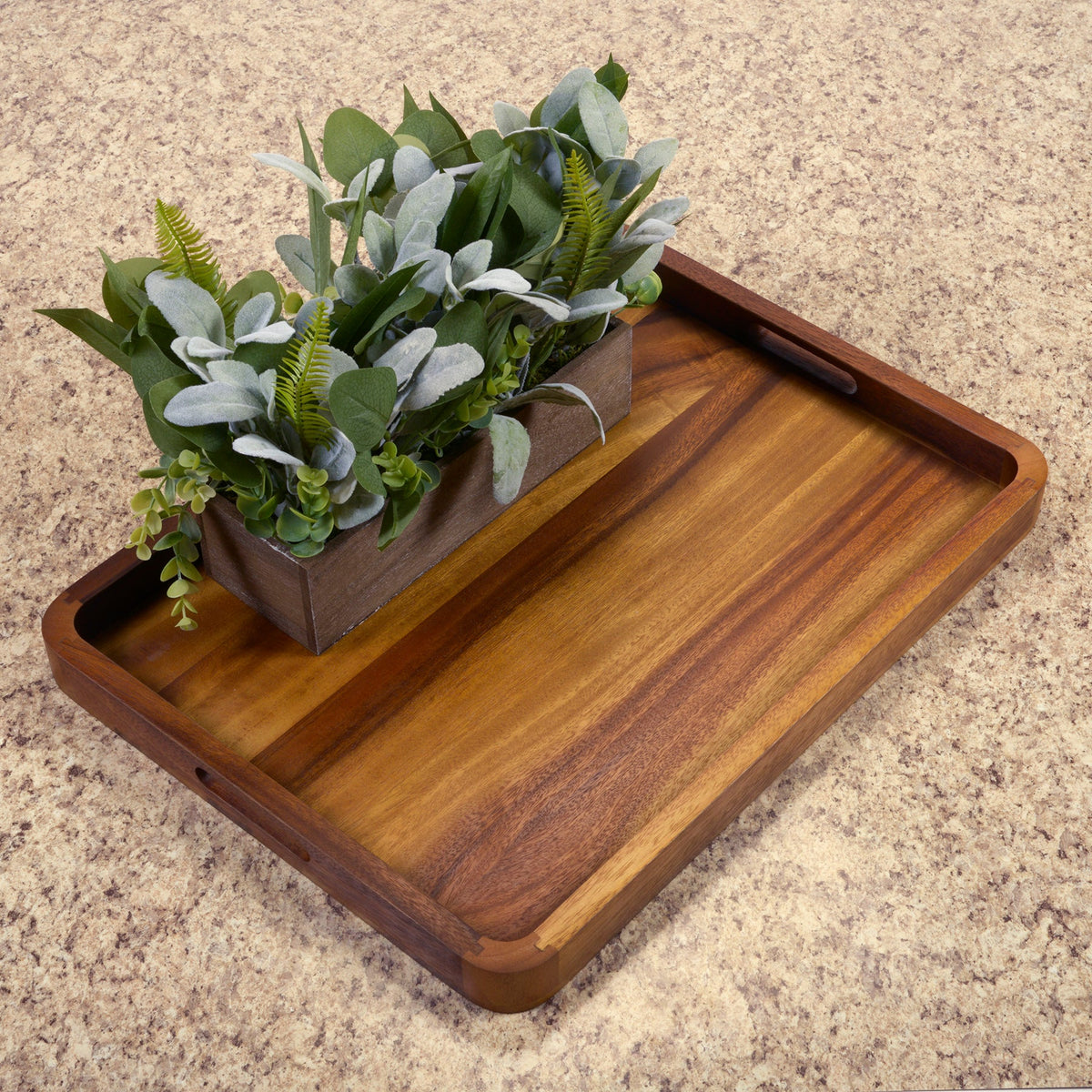 Large Rectangular Acacia Wood Serving Tray with Handles